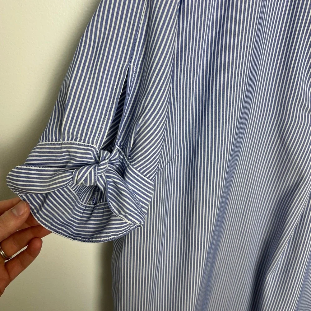 F&F Blue White Stripe Collared V Neck Roll‎ Tab Sleeve Tunic Shirt Top Womens 18